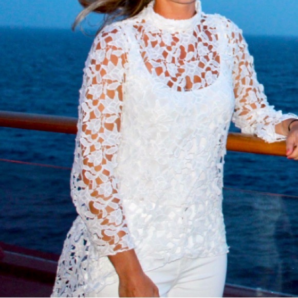One of kind, white crochet floral lace long sleeve top. High front, low back. - Picture 1 of 4